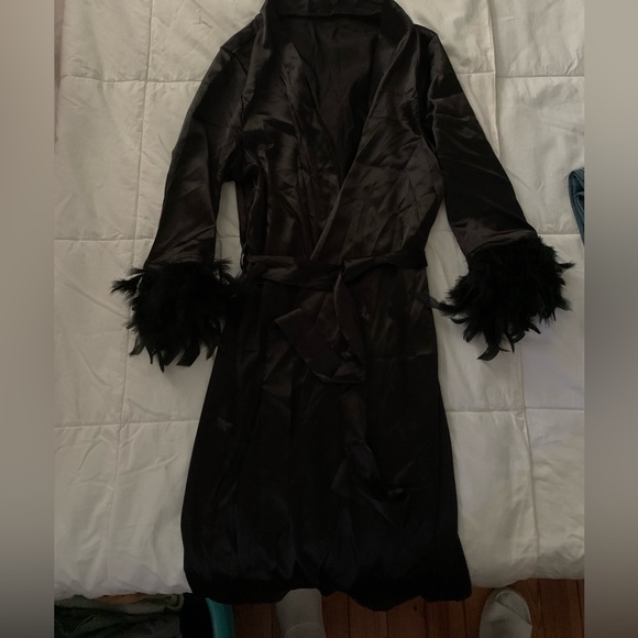 5 for $20 - Feather Trim Black Satin Robe - Picture 2 of 2